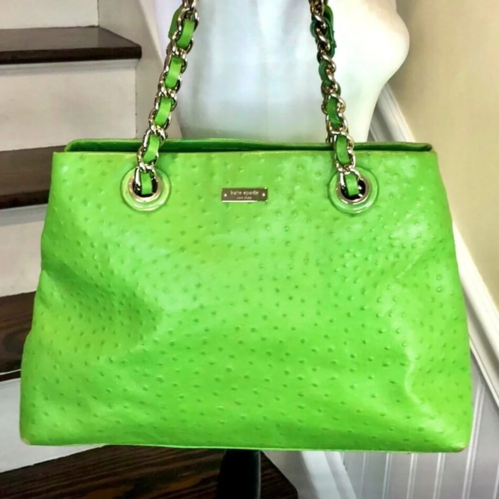 KATE SPADE Lime Green Embossed Ostrich Leather Oversized Tote w Silver Hardware